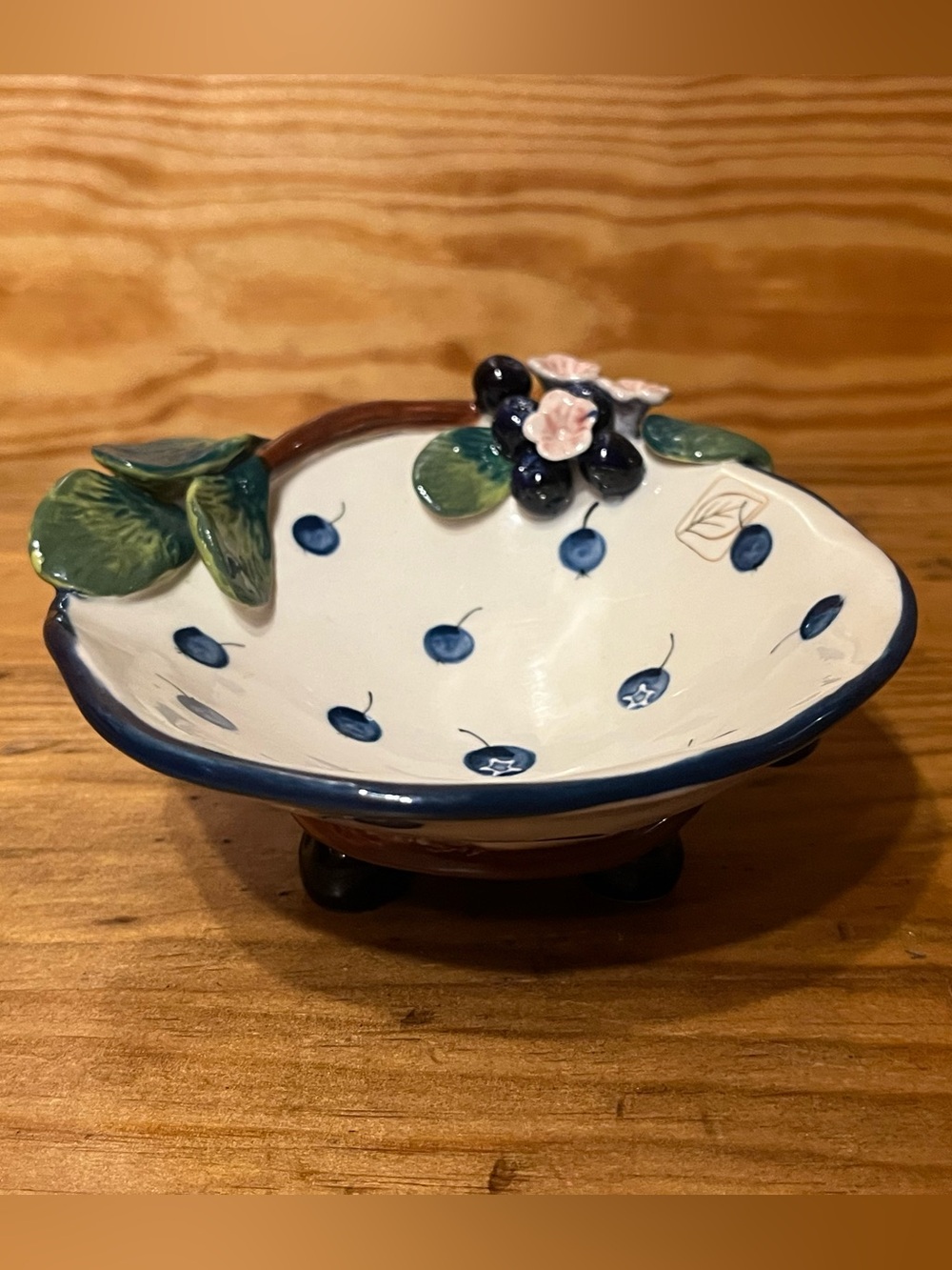 J. McCall Signed Blueberry Fruit Dessert Dish Footed Hand Painted Vintage 2004